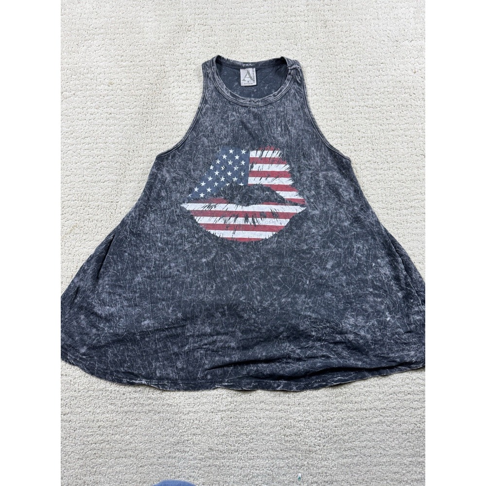 VINTAGE American Age Womens‎ Shirt Small Gray Tank Top Flag Lips Patriot USA